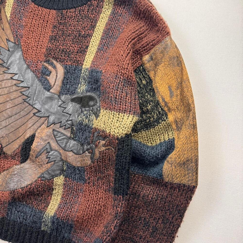 Vintage Harley-Davidson Brown Multicolor Eagle Leather Patch Knit Sweater Size M - Picture 2 of 6